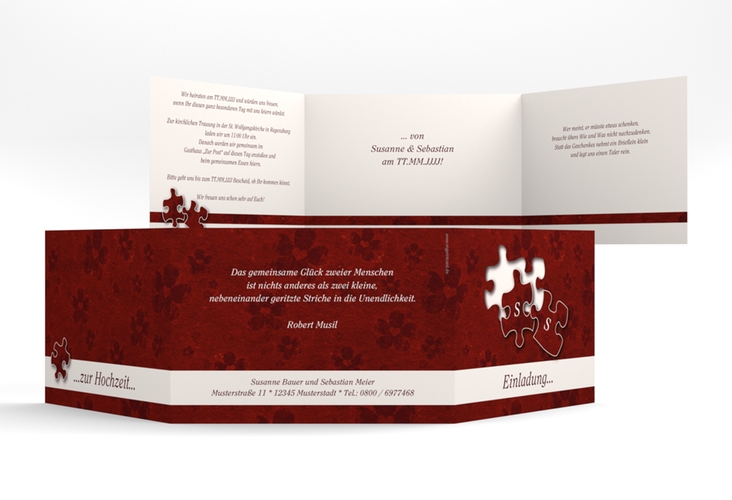 Hochzeitseinladung Ravensburg A6 Doppel-Klappkarte rot hochglanz mit zwei Puzzleteilen