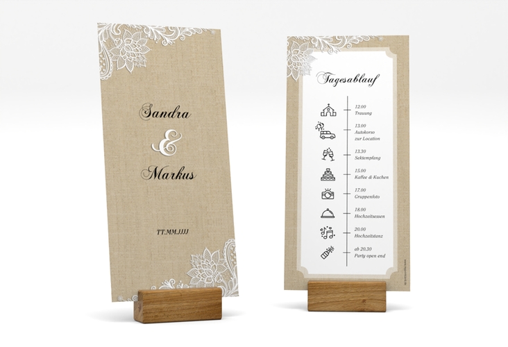 Tagesablauf Hochzeit Lace lange Karte hoch beige in Leinen-Optik mit weißer Spitze
