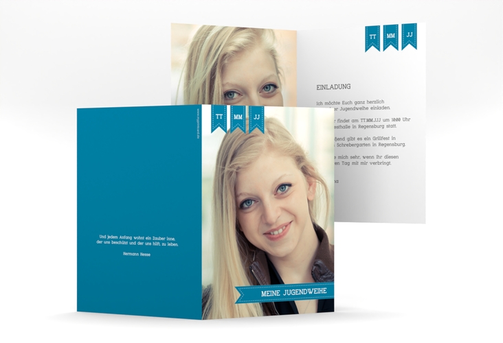 Einladung Jugendweihe Youthful A6 Klappkarte hoch blau hochglanz mit eigenem Foto