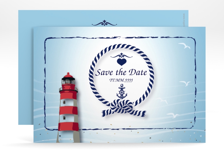 Save the Date-Karte Hochzeit Sylt A6 Karte quer blau hochglanz mit Leuchtturm