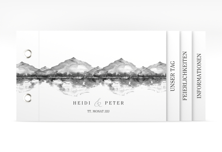 Hochzeitseinladung Bergliebe Booklet grau mit Gebirgspanorama für Berghochzeit