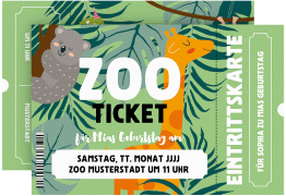Einladungskarte Kindergeburtstag Zooticket A6 Karte quer gruen mit Giraffe und Dschungel-Tieren