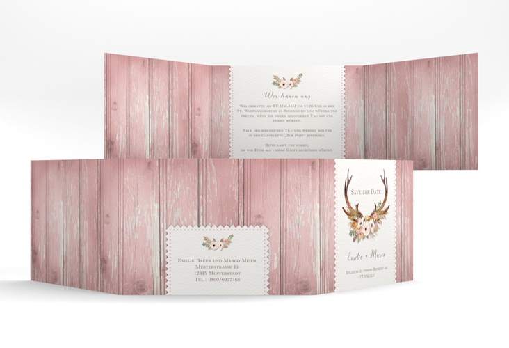 Hochzeitseinladung Heimatjuwel A6 Doppel-Klappkarte rosa hochglanz mit Hirschgeweih und Holz-Hintergrund