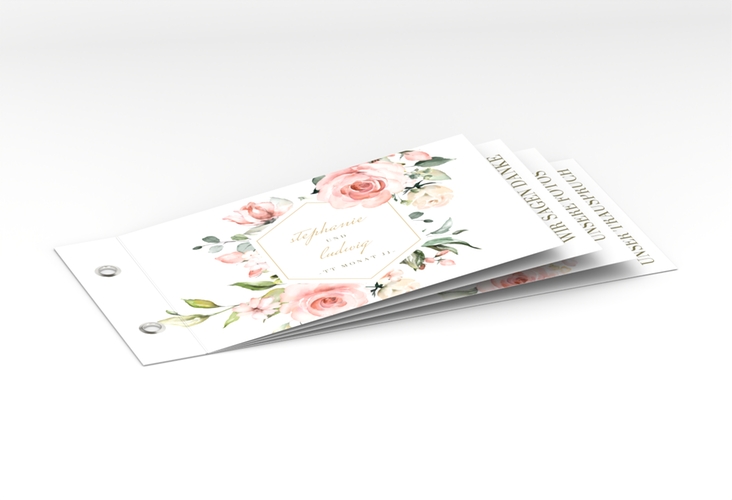Danksagungskarte Hochzeit Graceful Booklet weiss mit Rosenblüten in Rosa und Weiß