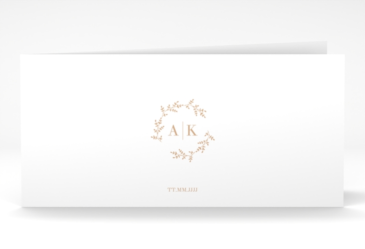 Dankeskarte Hochzeit Filigrana lange Klappkarte quer beige in reduziertem Design mit Initialen und zartem Blätterkranz