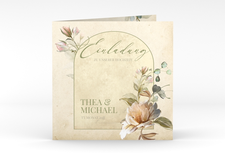 Hochzeitseinladung Dornröschen quadr. Klappkarte beige mit Aquarell-Rosen im Vintage-Look