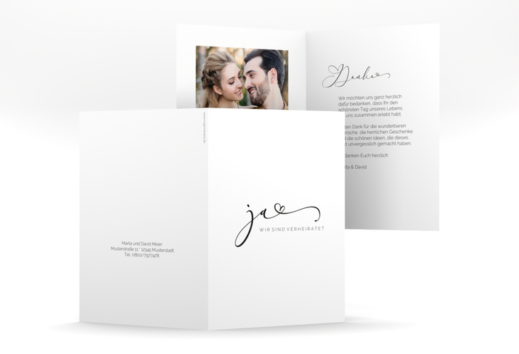 Danksagungskarte Hochzeit Jawort A6 Klappkarte hoch weiss modern minimalistisch mit veredelter Aufschrift