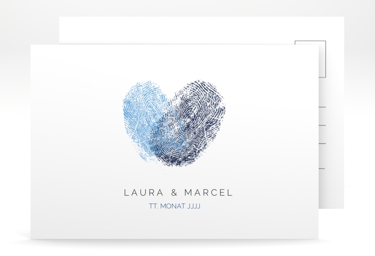 Save the Date-Postkarte Fingerprint A6 Postkarte blau hochglanz schlicht mit Fingerabdruck-Motiv