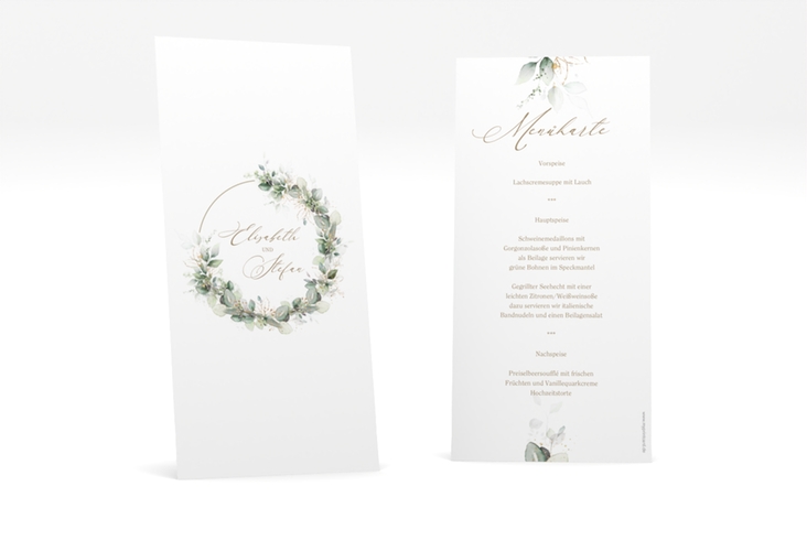 Menükarte Hochzeit Selvatica lange Karte hoch weiss hochglanz mit Eukalyptus-Kranz