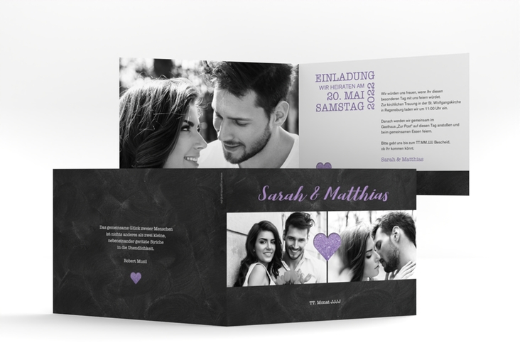 Hochzeitseinladung Sparkly A6 Klappkarte quer lila hochglanz