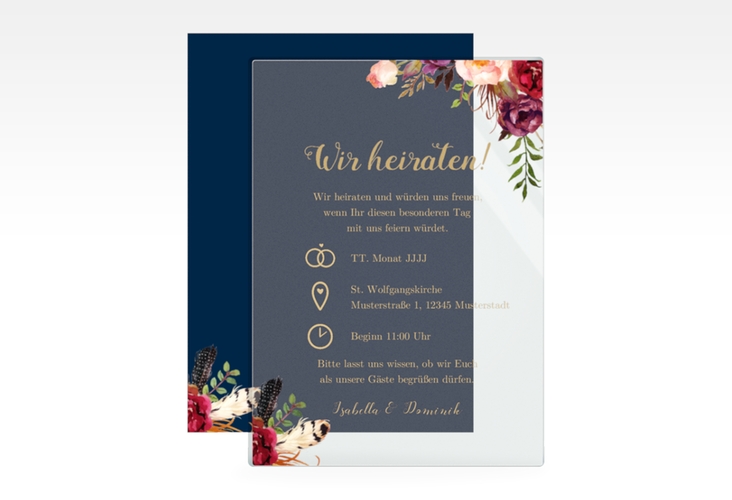 Acryl-Hochzeitseinladung Flowers Acrylkarte + Deckblatt hoch blau hochglanz mit bunten Aquarell-Blumen