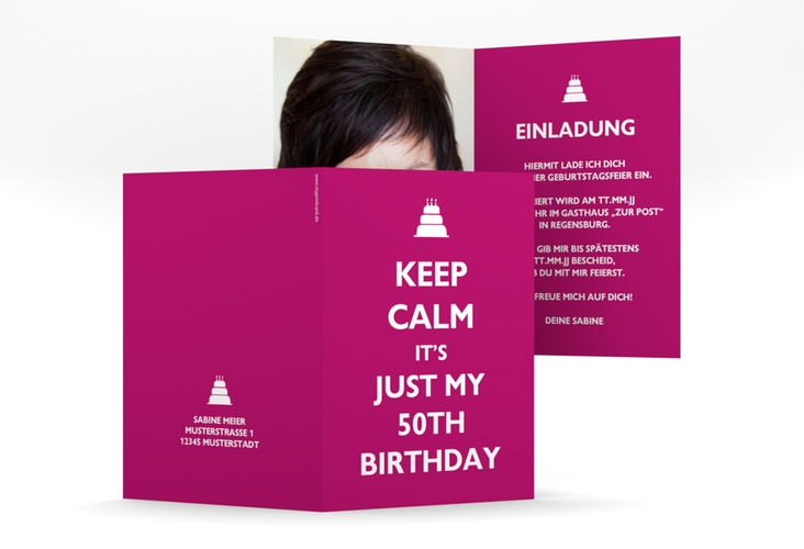 Einladung 50. Geburtstag KeepCalm A6 Klappkarte hoch pink hochglanz