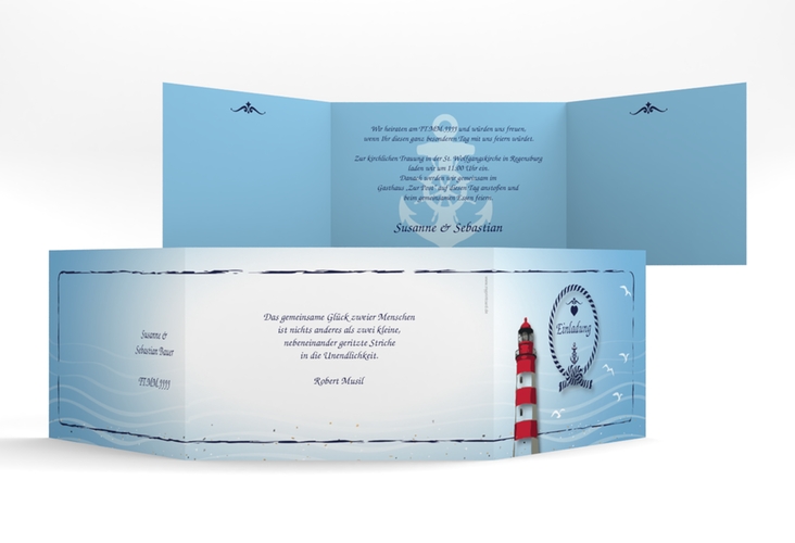 Hochzeitseinladung Sylt A6 Doppel-Klappkarte blau hochglanz mit Leuchtturm