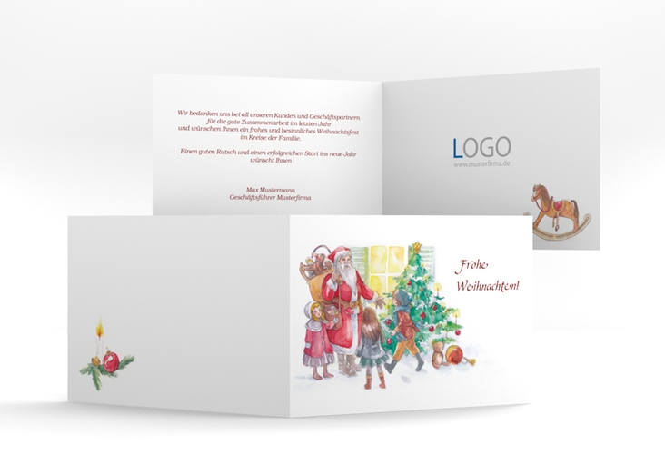 Business-Weihnachtskarte Beschenken A6 Klappkarte quer hochglanz mit traditioneller Weihnachts-Szene