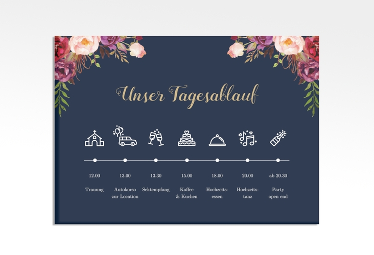 Tagesablauf Leinwand Hochzeit Flowers 70 x 50 cm Leinwand blau mit bunten Aquarell-Blumen