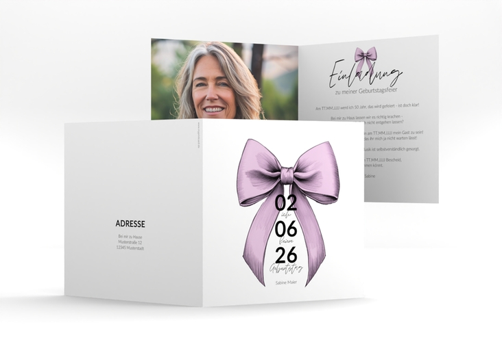 Einladung 50. Geburtstag Geburtstagsschleife quadr. Klappkarte rosa hochglanz