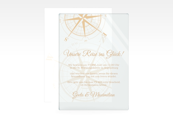 Acryl-Hochzeitseinladung Windrose Acrylkarte + Deckblatt hoch beige hochglanz