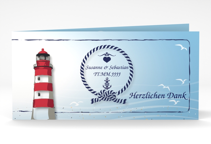 Danksagungskarte Hochzeit Sylt lange Klappkarte quer blau hochglanz mit Leuchtturm