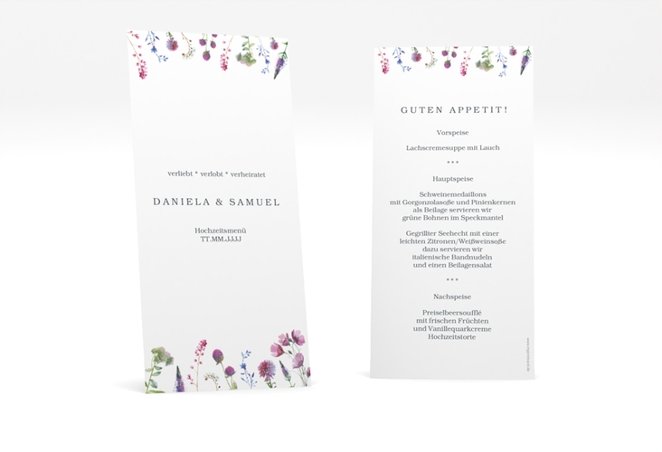 Menükarte Hochzeit Wildblumen lange Karte hoch weiss