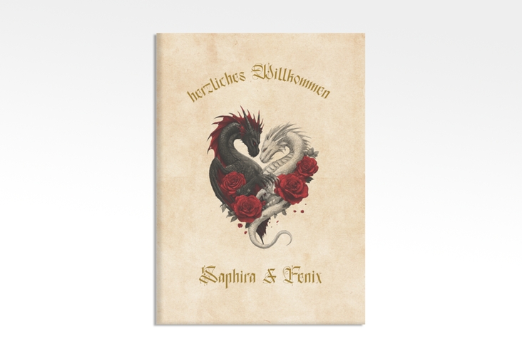 Willkommensschild Leinwand Drachenliebe 50 x 70 cm Leinwand mit schwarzem und weißem Drachen zu einem Herz verschlungen