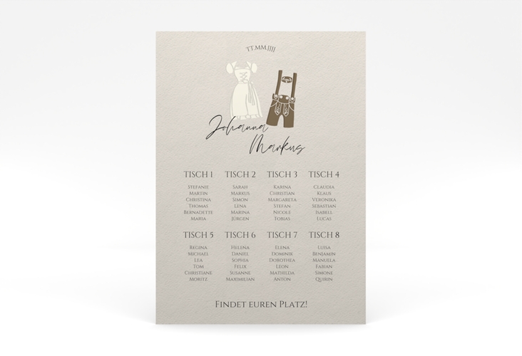 Sitzplan Poster Hochzeit Trachtenhochzeit 50 x 70 cm Poster beige mit Dirndl und Lederhose