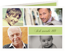 Einladung 80. Geburtstag Bilderserie A6 Klappkarte quer gruen mit mehreren Fotos