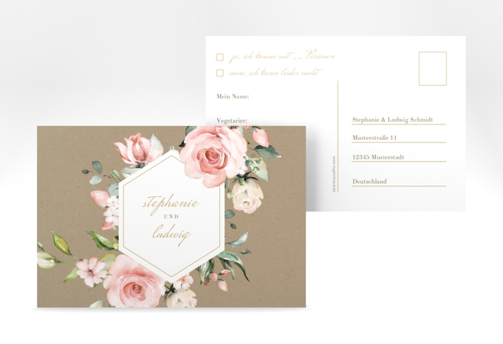 Antwortkarte Graceful A6 Postkarte Kraftpapier mit Rosenblüten in Rosa und Weiß
