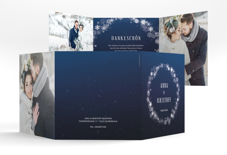 Dankeskarte Hochzeit Winterdream quadr. Doppel-Klappkarte blau hochglanz mit Eisblumen