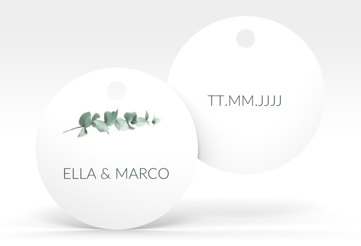 Geschenkanhänger Hochzeit Silverleaf Geschenkanhänger, rund weiss mit Eukalyptus-Zweig