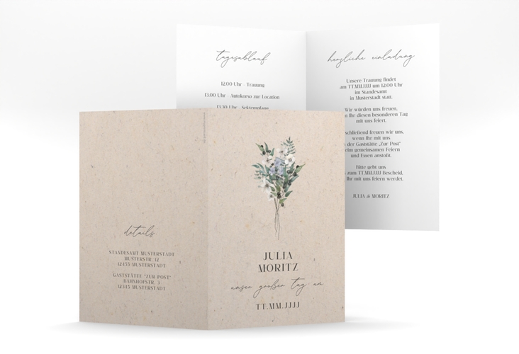 Einladungskarte Hochzeit Sträußchen A6 Klappkarte hoch hochglanz mit kleinem Blumenbouquet im Nostalgie-Design