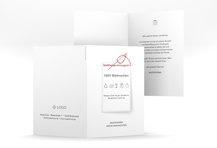 Geschäftliche Weihnachtskarte Weihnachtshinweis A6 Klappkarte hoch weiss lustig im Waschzettel-Design mit Icons