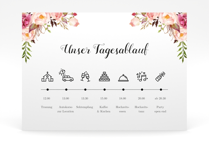 Tagesablauf Poster Hochzeit Flowers 70 x 50 cm Poster weiss mit bunten Aquarell-Blumen