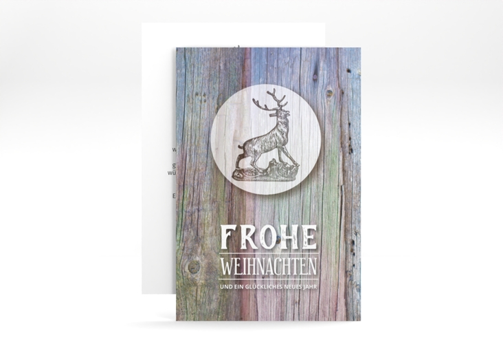 Business-Weihnachtskarte Rustikal A6 Karte hoch grau hochglanz in Holz-Optik mit Hirsch
