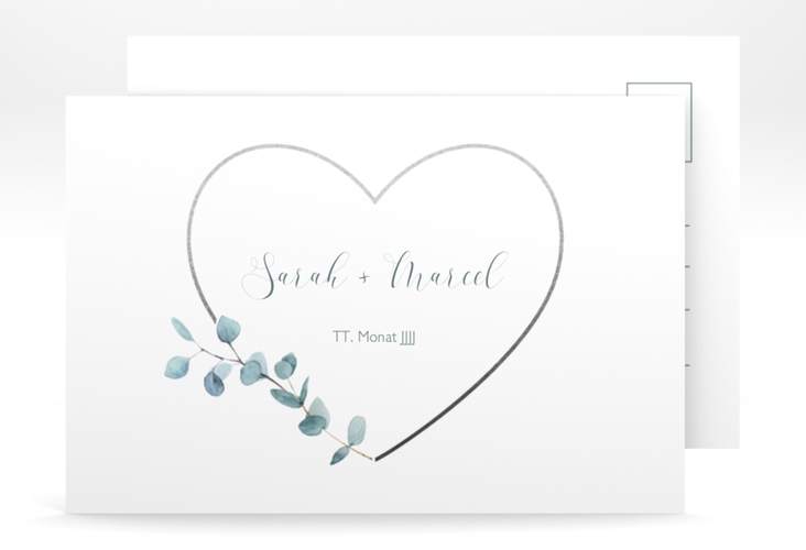 Antwortkarte Hochzeit Greenheart A6 Postkarte grau hochglanz mit elegantem Herz und Eukalyptus-Zweig