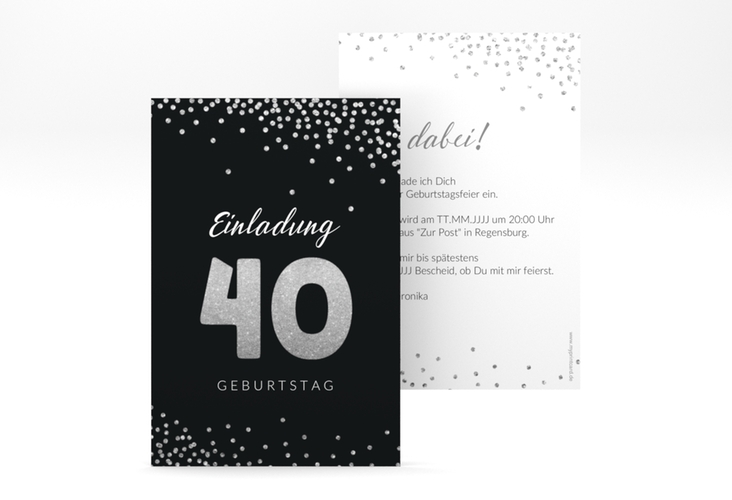 Einladung 40. Geburtstag Glitzer A6 Karte hoch grau hochglanz