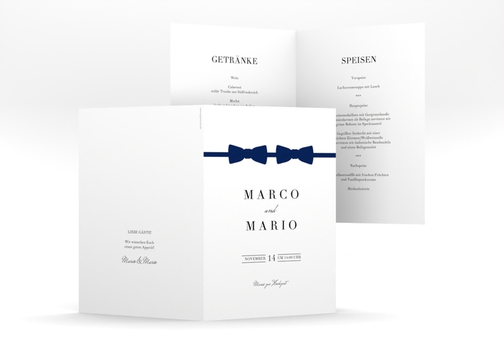 Menükarte Hochzeit Suits A5 Klappkarte hoch blau hochglanz