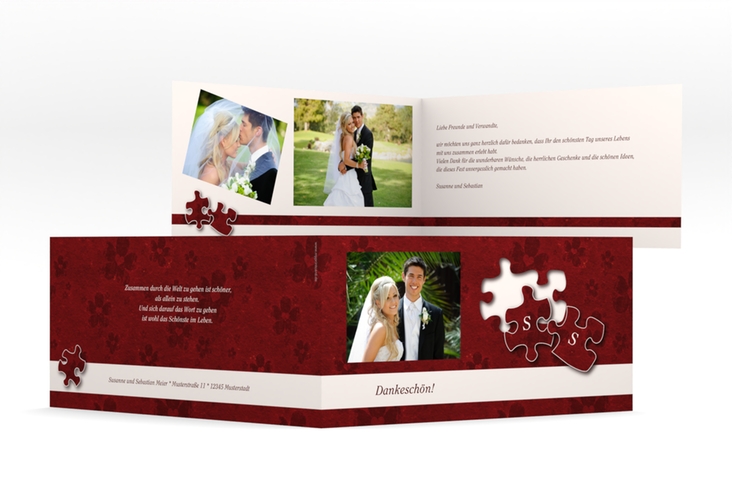 Dankeskarte Hochzeit Ravensburg lange Klappkarte quer rot hochglanz mit zwei Puzzleteilen