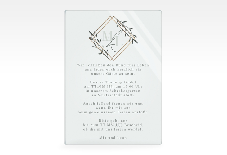 Acryl-Hochzeitseinladung Greenletter Acrylkarte hoch mit Initialen in elegantem Goldrahmen mit Blättern