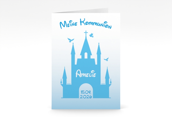 Kommunionseinladung Schlosskirche A6 Klappkarte hoch blau hochglanz