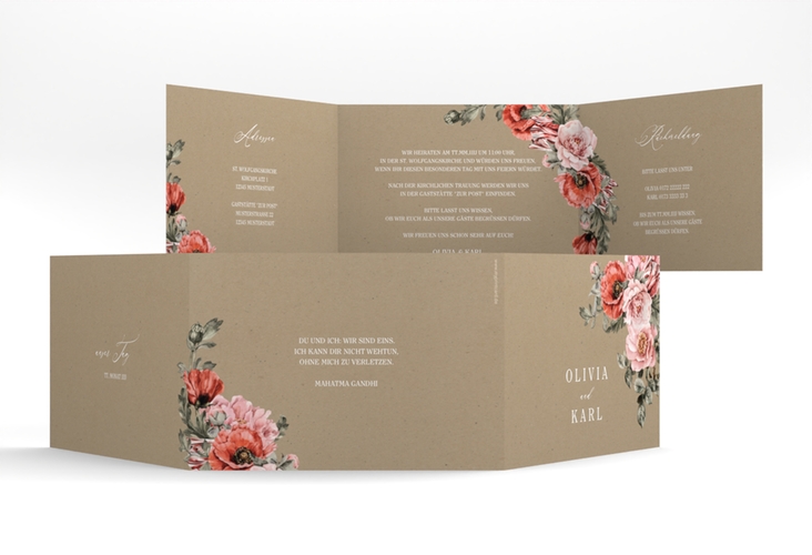 Hochzeitseinladung Grazioso A6 Doppel-Klappkarte Kraftpapier modern mit Mohnblumen und Rosen