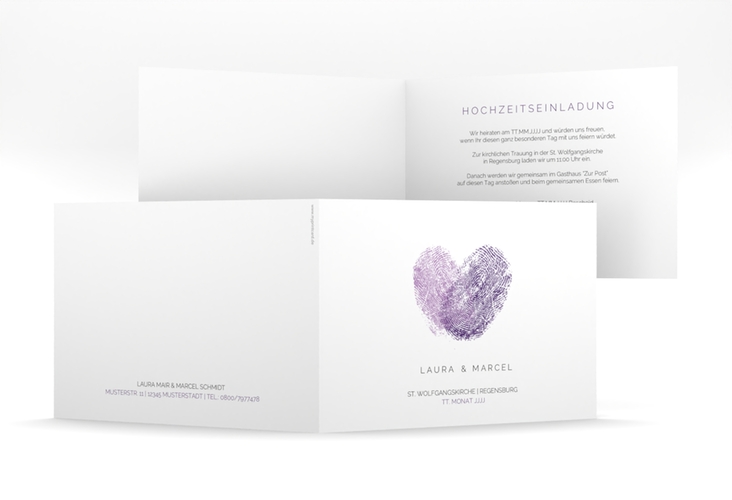 Hochzeitseinladung Fingerprint mittlere Klappkarte quer lila schlicht mit Fingerabdruck-Motiv