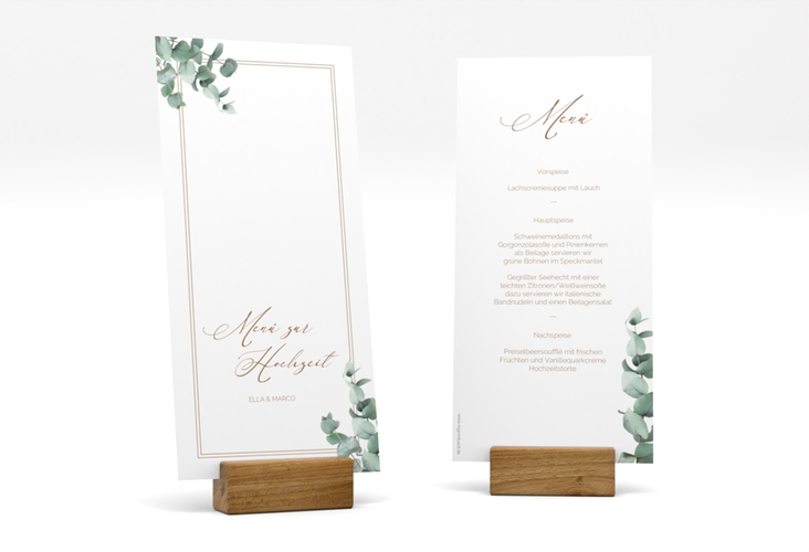 Menükarte Hochzeit "Eucalypt" lange Karte hoch mit Eukalyptus und edlem Rahmen