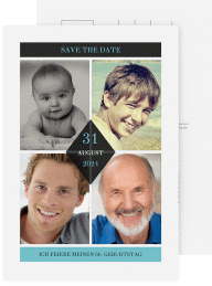 Save the Date-Postkarte Geburtstag Rhombus A6 Postkarte tuerkis modern mit vier Fotos
