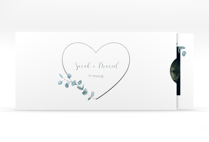 Hochzeitseinladung Greenheart Einsteckkarte grau hochglanz mit elegantem Herz und Eukalyptus-Zweig