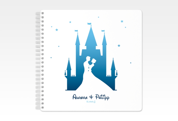 Gästebuch Hochzeit Castle Ringbindung blau mit Silhouette von Märchenschloss mit Prinz und Prinzessin