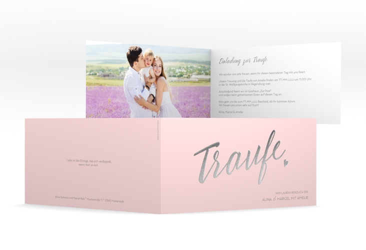 Hochzeitseinladung Traufe lange Klappkarte quer rosa