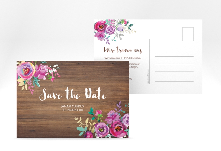 Save the Date-Postkarte Flourish A6 Postkarte mit floraler Bauernmalerei auf Holz