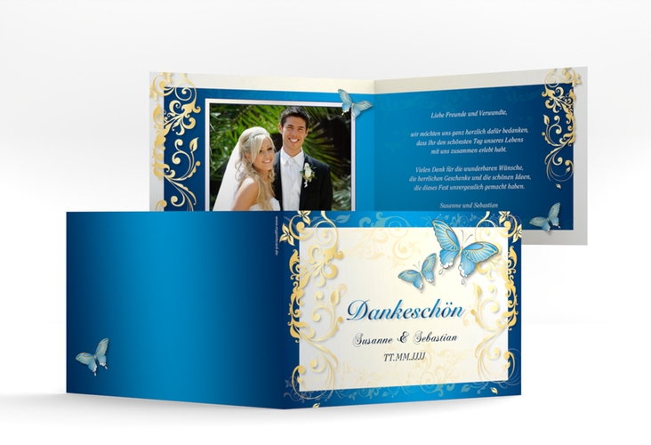 Danksagungskarte Hochzeit Toulouse A6 Klappkarte quer blau hochglanz