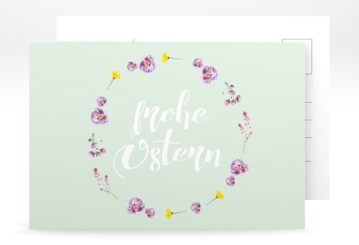Osterkarte Fiorellino A6 Postkarte gruen hochglanz Pastell mit Blumenkranz