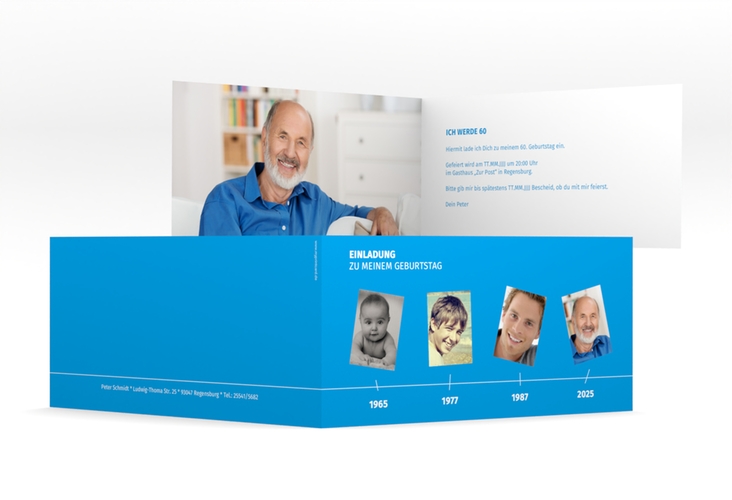 Einladung 60. Geburtstag Timeline lange Klappkarte quer blau